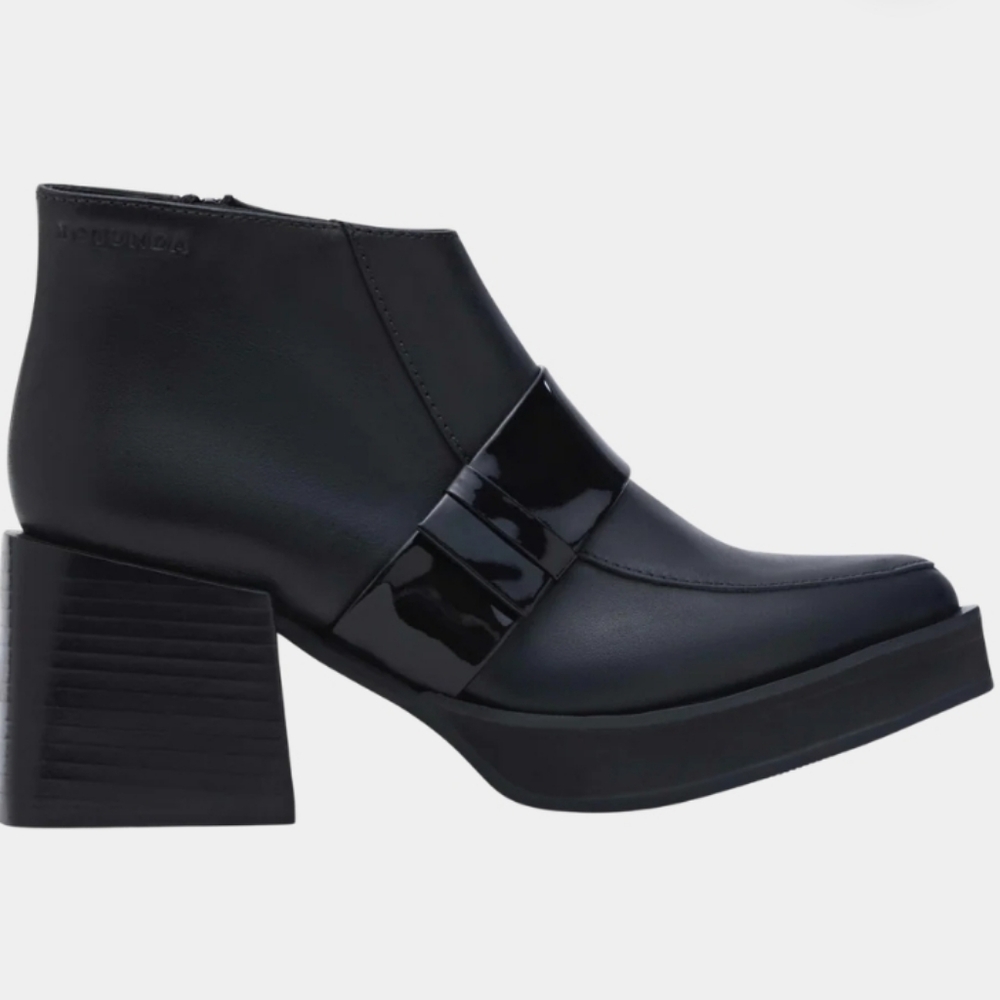 Rotunda Loupe Booties Black Leather Patent Strap Chunky Block Heel Ankle Size 9